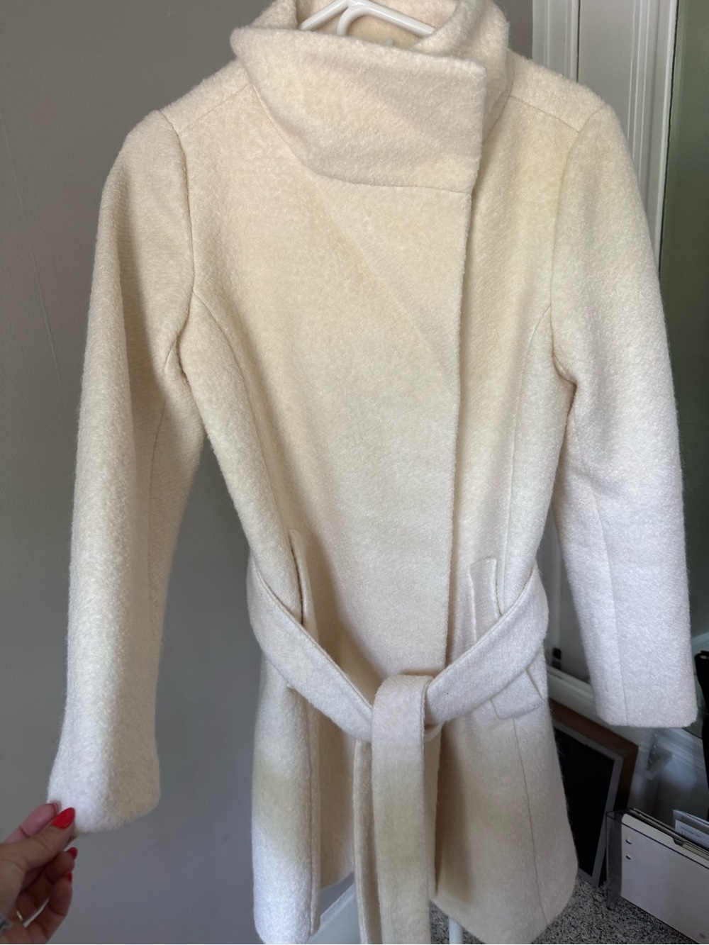 Ann Taylor Loft Cream Wool-Blend Belted Funnel-neck Coat - Size XS